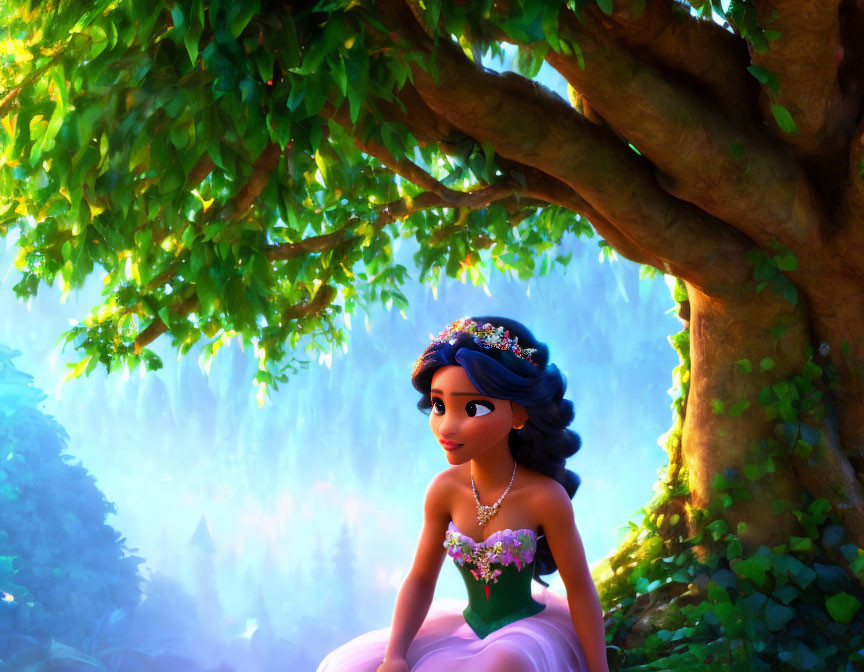 Animated character in purple gown under tree in sunlight.