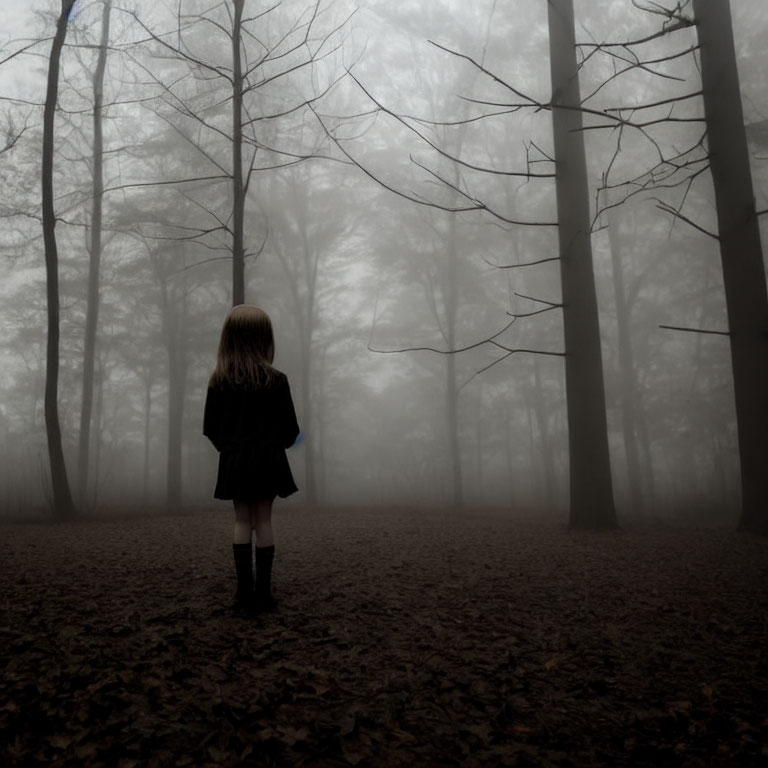 Young girl in foggy forest with bare trees and fallen leaves.