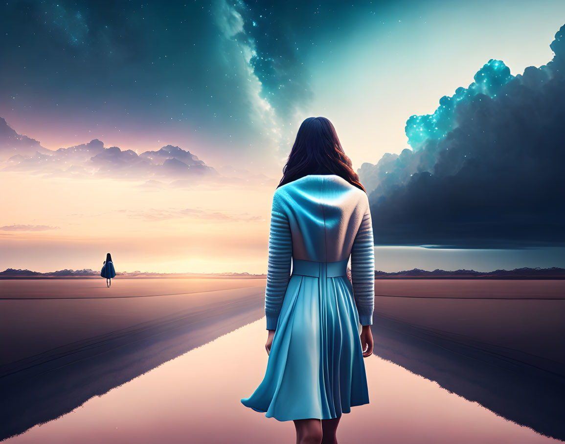 Woman in Blue Dress Standing on Reflective Surface Under Twilight Sky