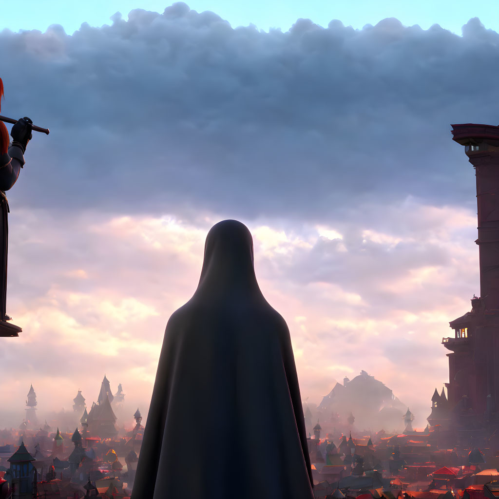 Cloaked figure admires fantasy cityscape at dusk with warm lights and towering spires