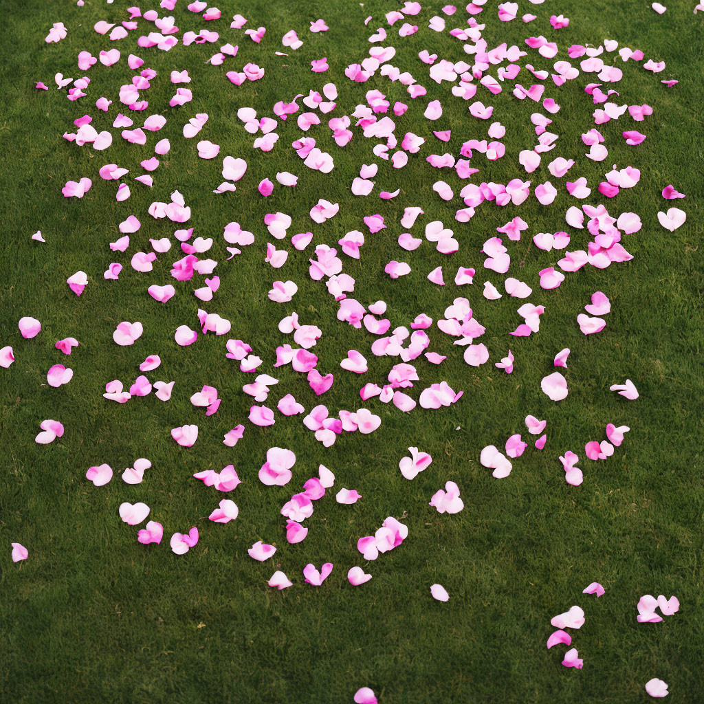 Pink and White Rose Petals Scattered on Green Grass Background