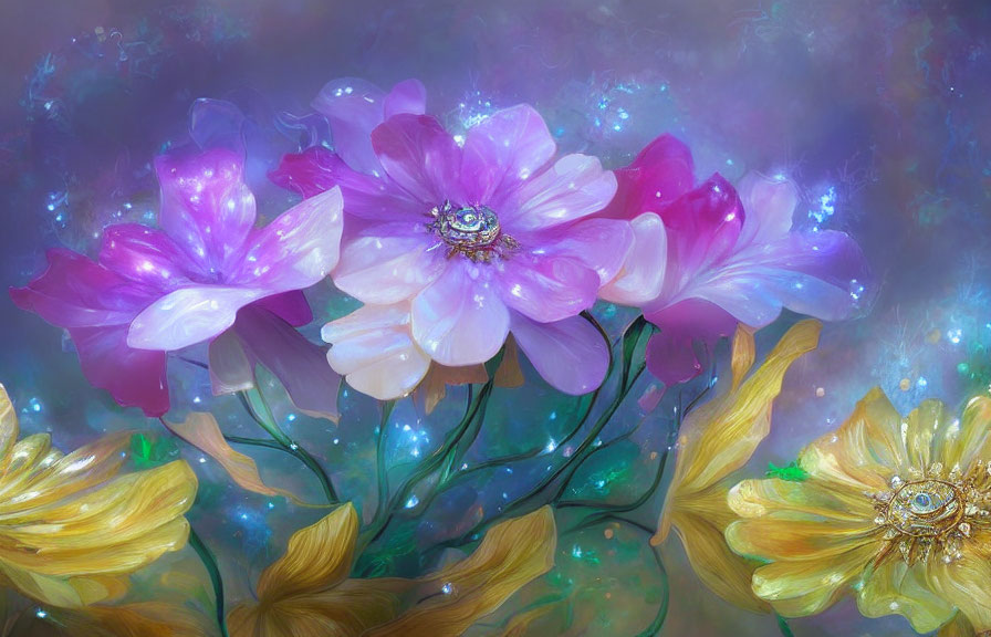 Colorful Flower Artwork with Glowing Centers on Nebula Background