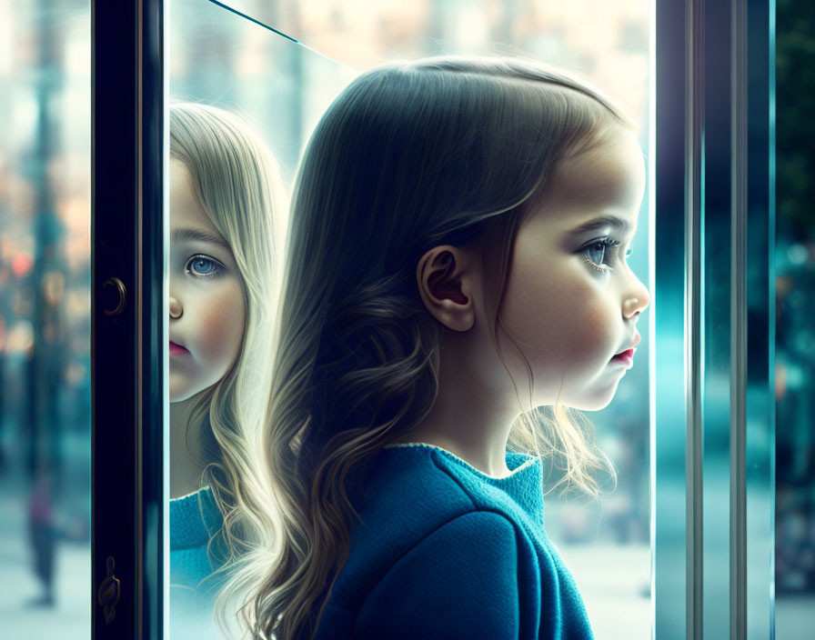 Young girl with long hair gazing out window with city reflection