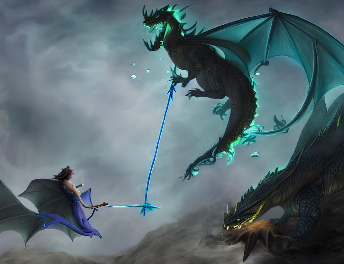 Digital artwork: Dragon vs. warrior in cloudy sky