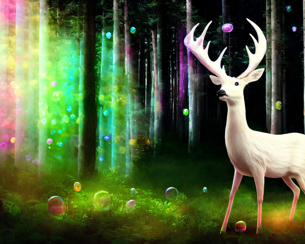 Mystical white deer with towering antlers in enchanted forest