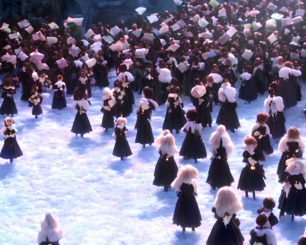 Animated characters in black cloaks with white fur trim gather in snowy scene