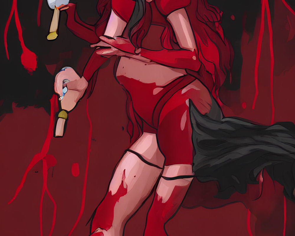 Illustration of woman with dark braid in red dress, holding two axes on crimson backdrop