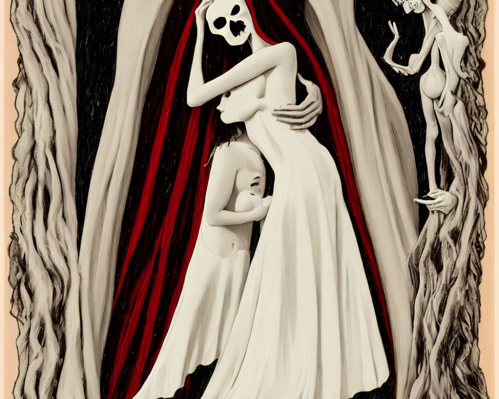 Surreal artwork with skeletal figures embracing a woman in white dress