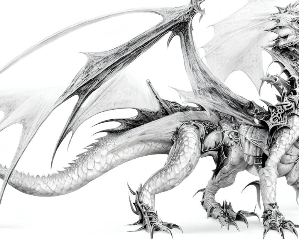 Detailed monochromatic dragon illustration with expansive wings and sharp spikes.