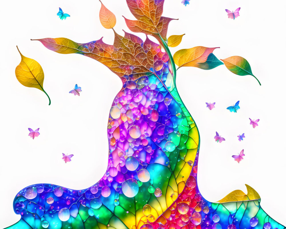 Vibrant tree with rainbow bubbles and butterflies in colorful artwork