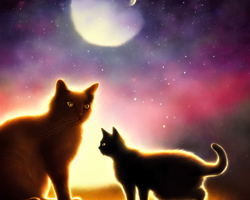 Two cats under starry sky with crescent moon: one gazes up, the other looks forward