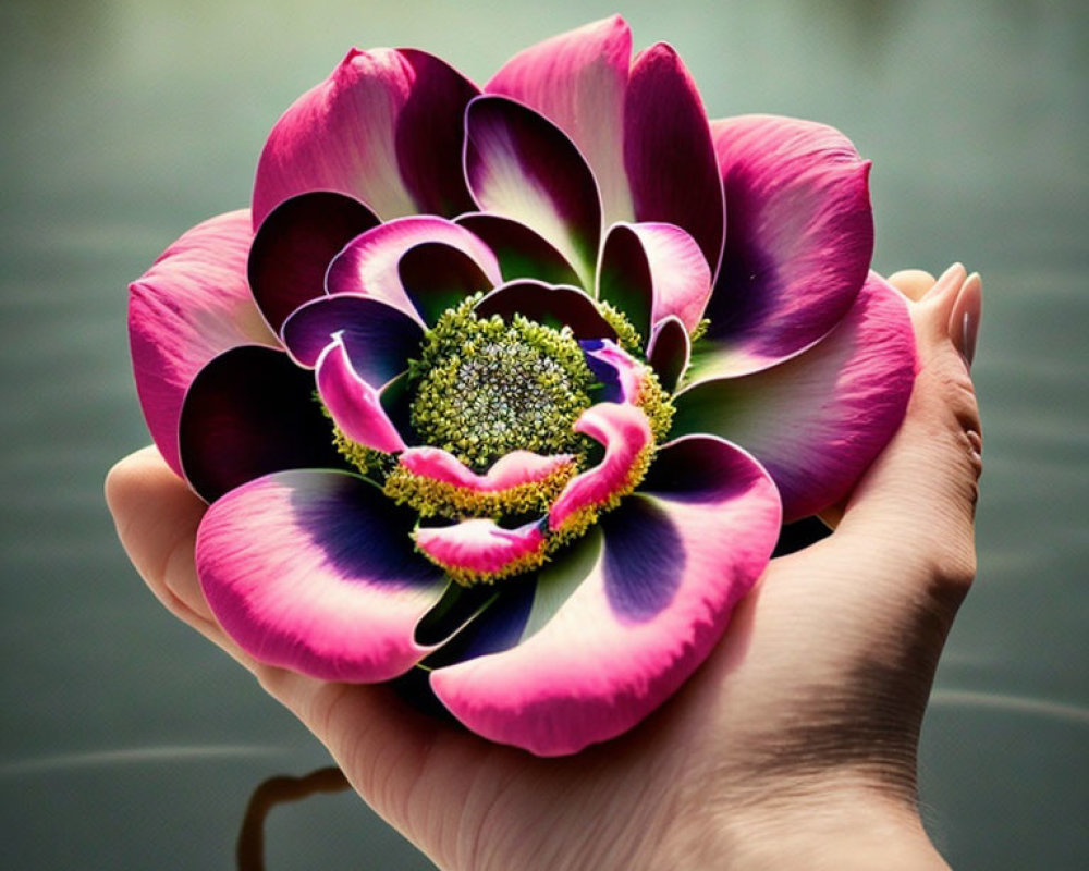 Vibrant pink and white lotus flower held in a hand with blurred water background