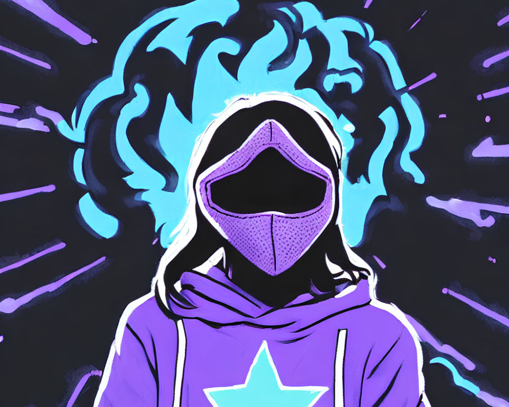 Illustration of person in star mask and hoodie on purple background