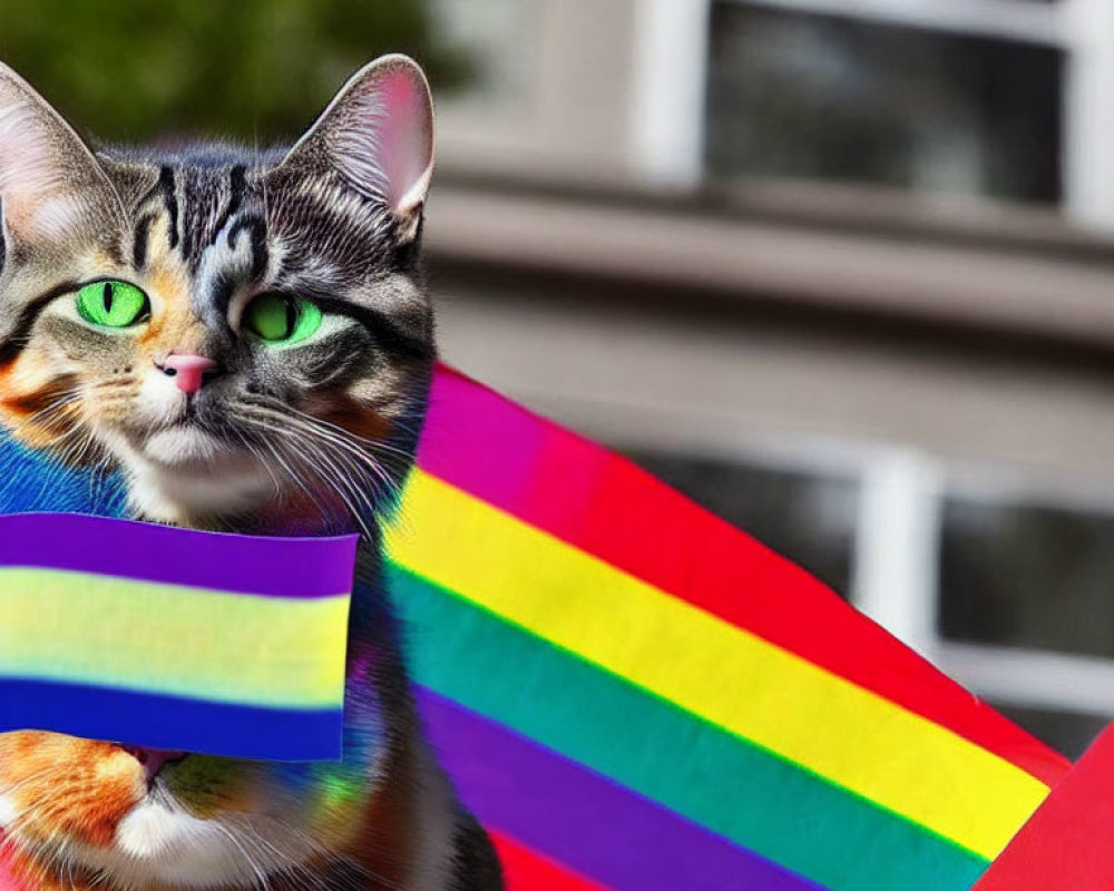 Colorful Tabby Cat with Green Eyes Peeking from Rainbow Flag