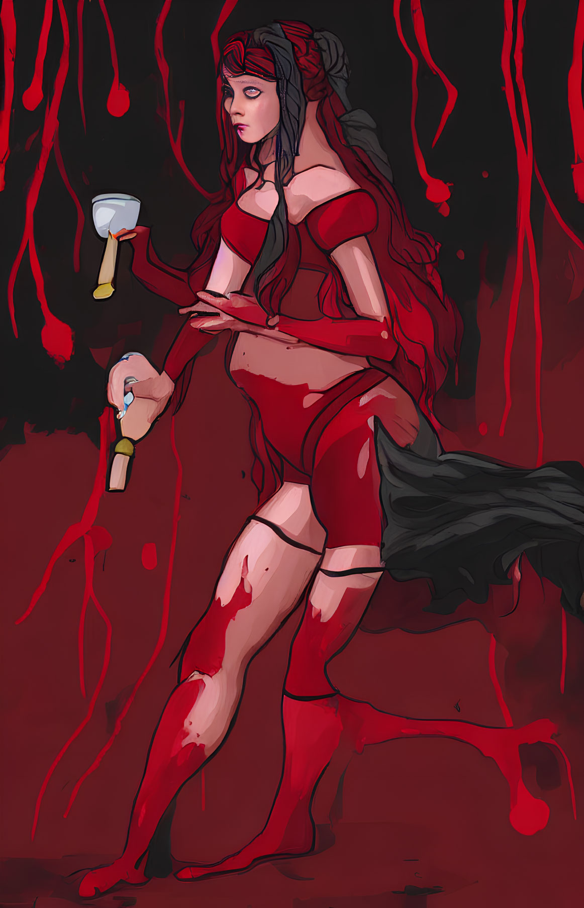 Illustration of woman with dark braid in red dress, holding two axes on crimson backdrop