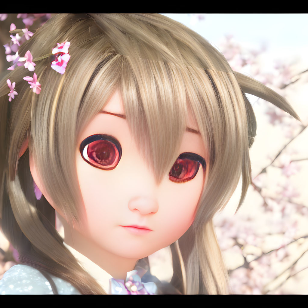 Blonde girl with big brown eyes in cherry blossom setting