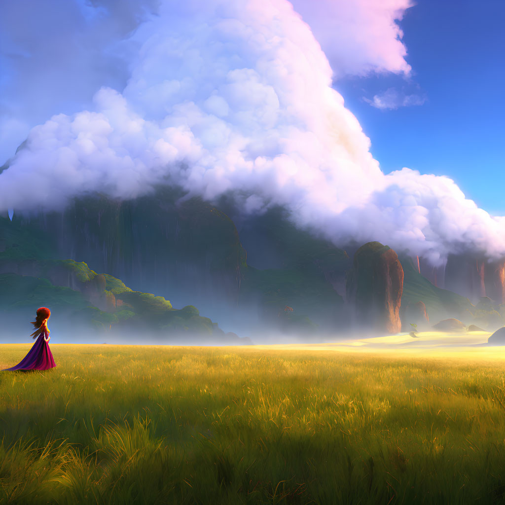 Woman in red dress standing in sunlit meadow with cliffs and waterfalls.