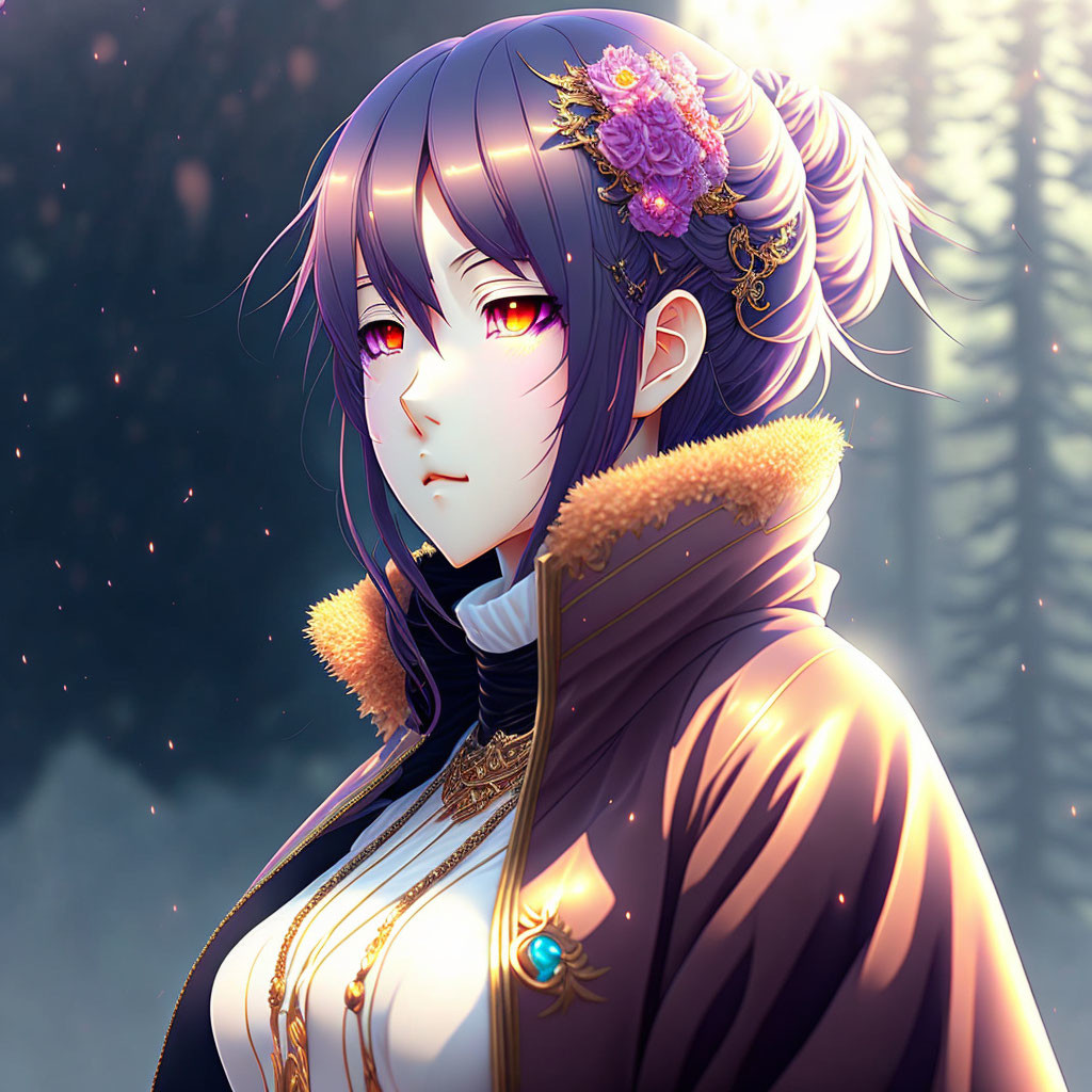 Purple-haired animated character in fur coat with flower accessories, golden eyes, forest backdrop