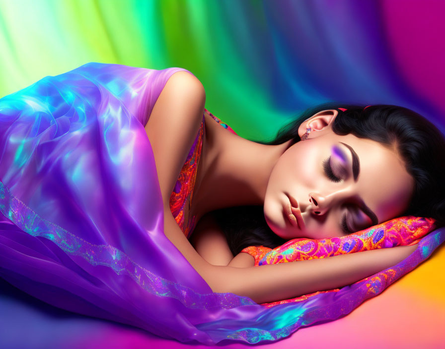 Woman Sleeping Against Colorful Backdrop Wrapped in Vibrant Fabric