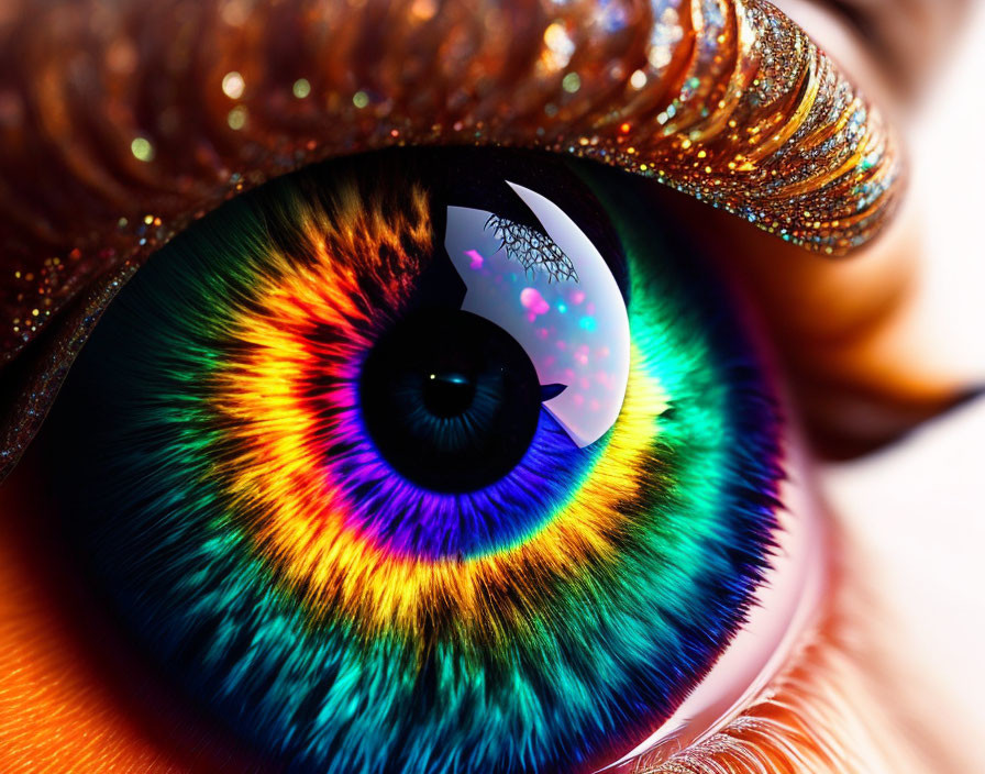 Colorful close-up of vibrant eye with rainbow iris and intricate patterns