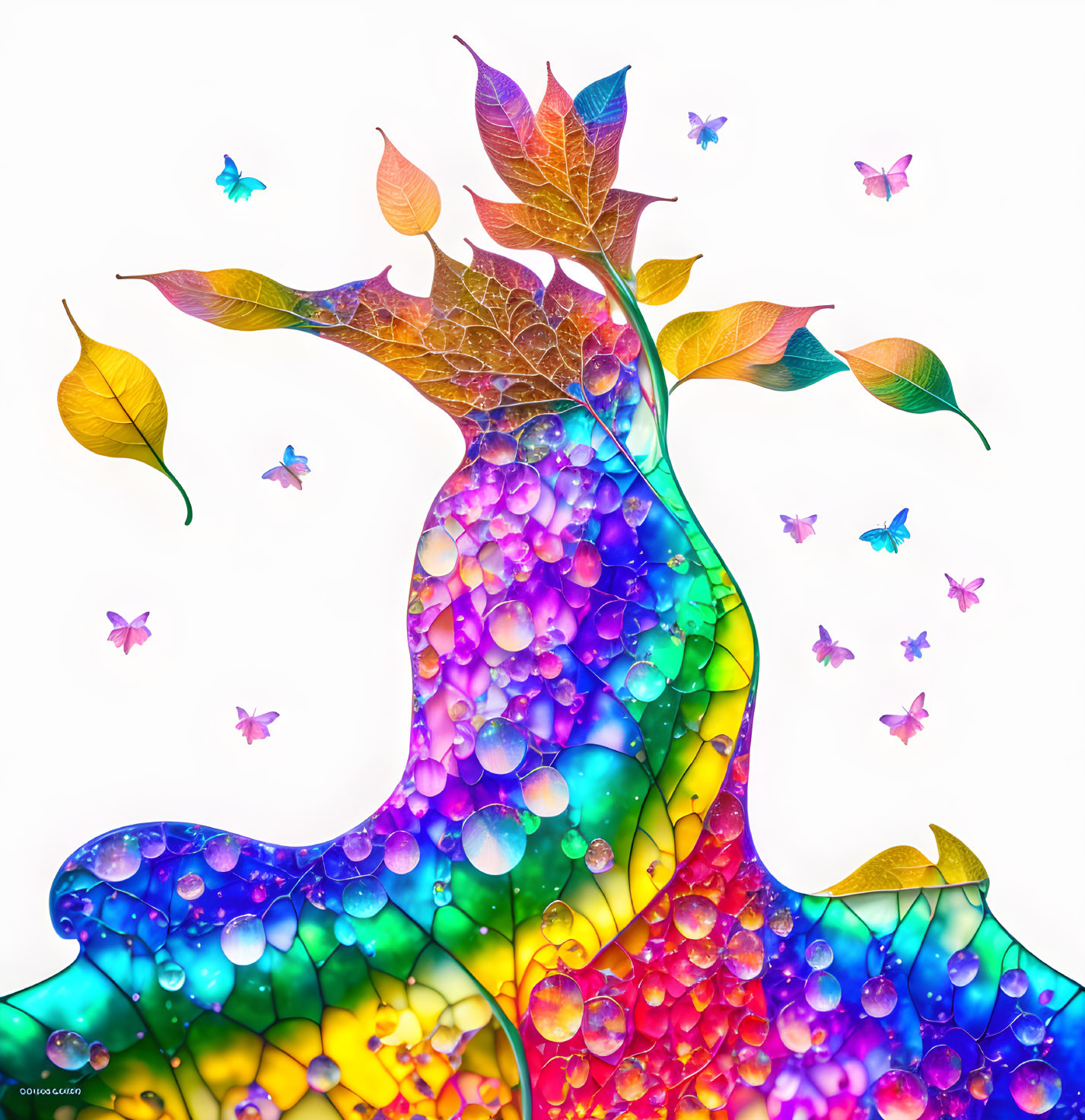 Vibrant tree with rainbow bubbles and butterflies in colorful artwork