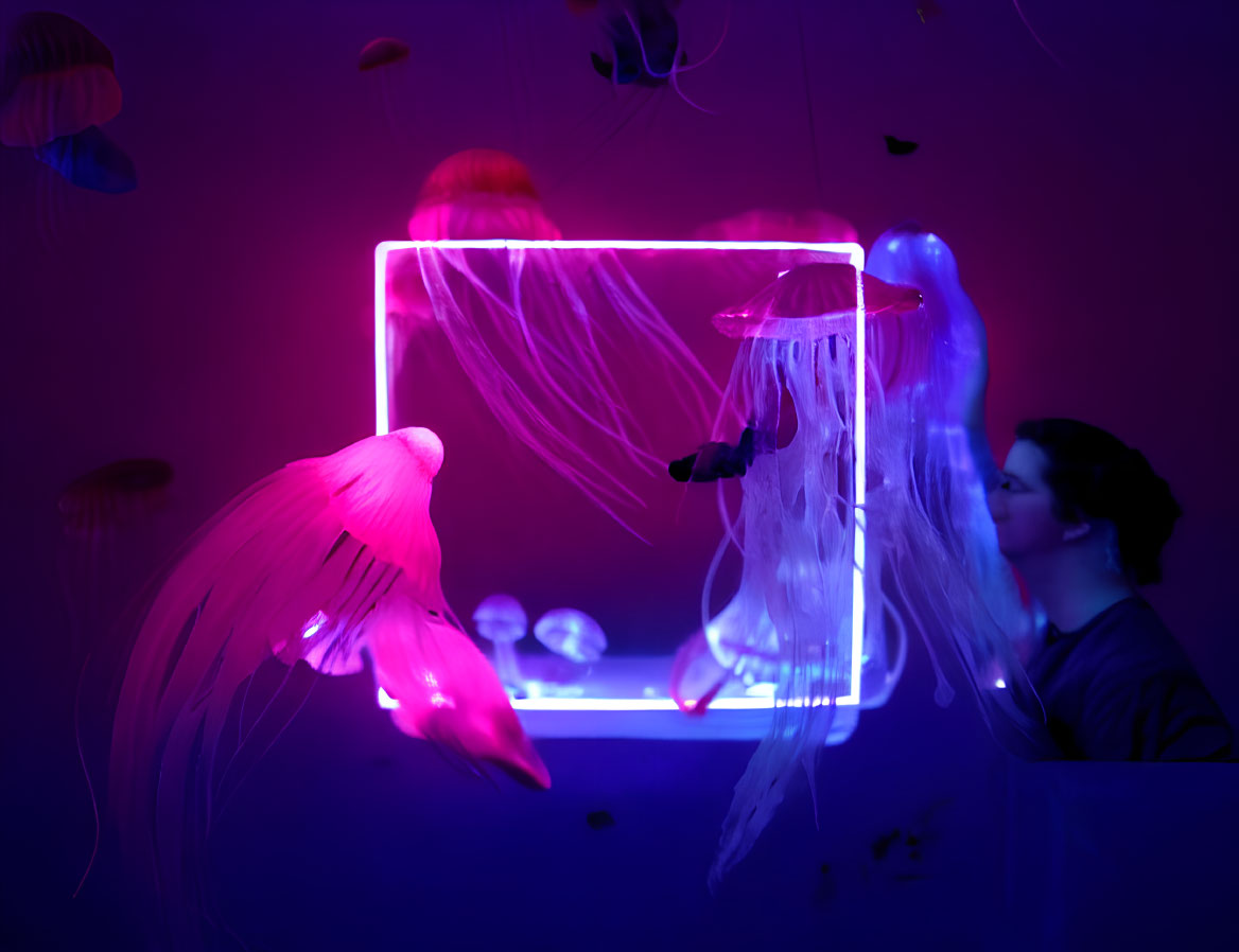 Glowing jellyfish in dark room with neon pink light installation