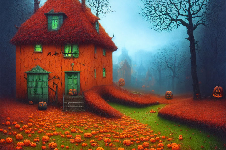 Thatched roof cottage in autumn fog with pumpkins