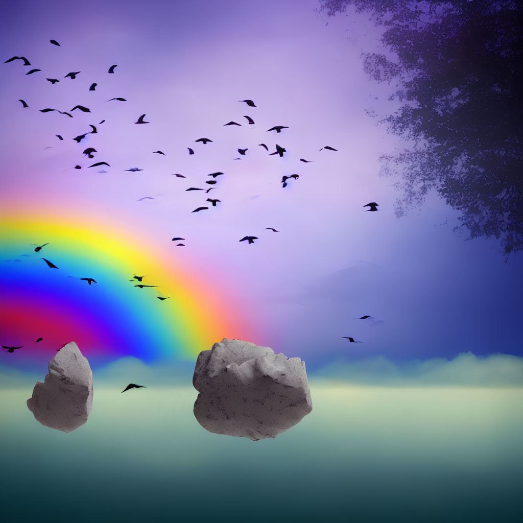 Birds flying in purple sky with rainbow, floating rocks above misty landscape