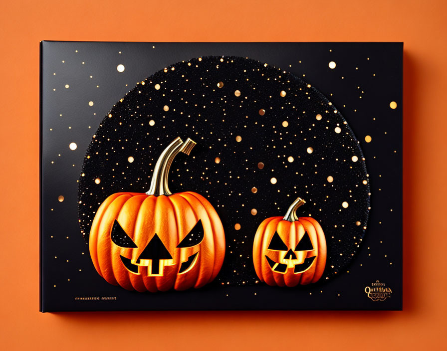 Jack-o’-lanterns with starry night sky backdrop on orange surface for Halloween.