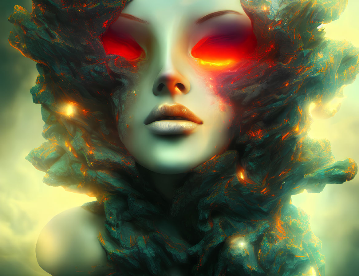 Surreal portrait with glowing red eyes and blue-green cloud-like texture on face against yellow backdrop