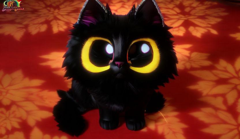 Fluffy Black Animated Cat with Yellow Eyes and Horns on Red Background