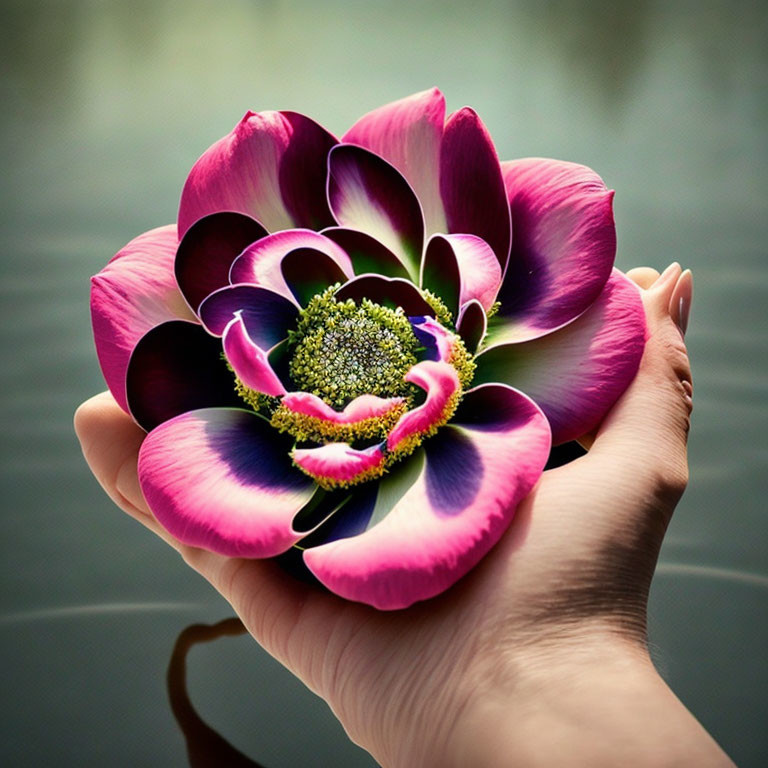 Vibrant pink and white lotus flower held in a hand with blurred water background