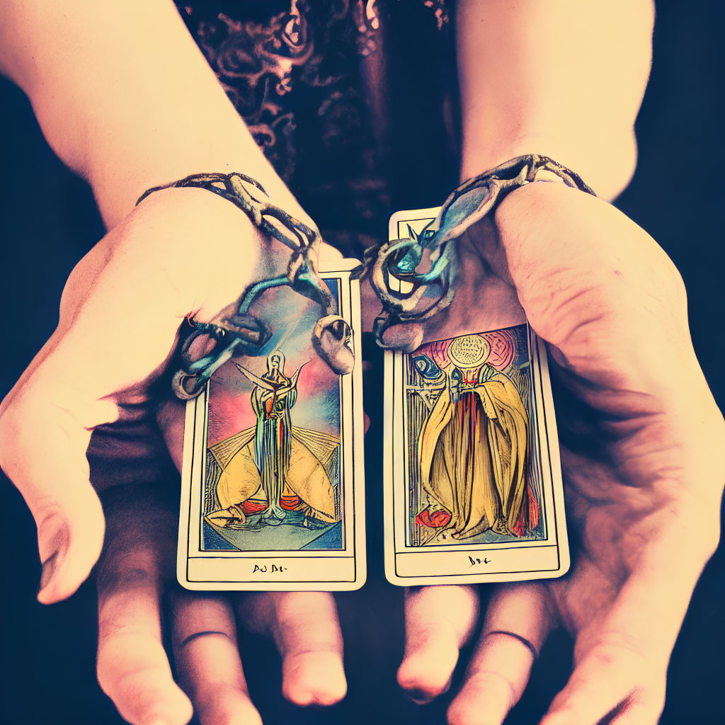 Hands in chains holding tarot cards on dark background