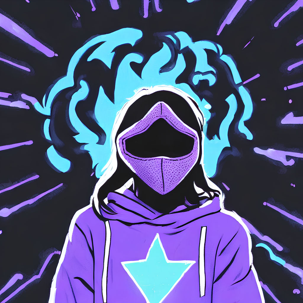 Illustration of person in star mask and hoodie on purple background