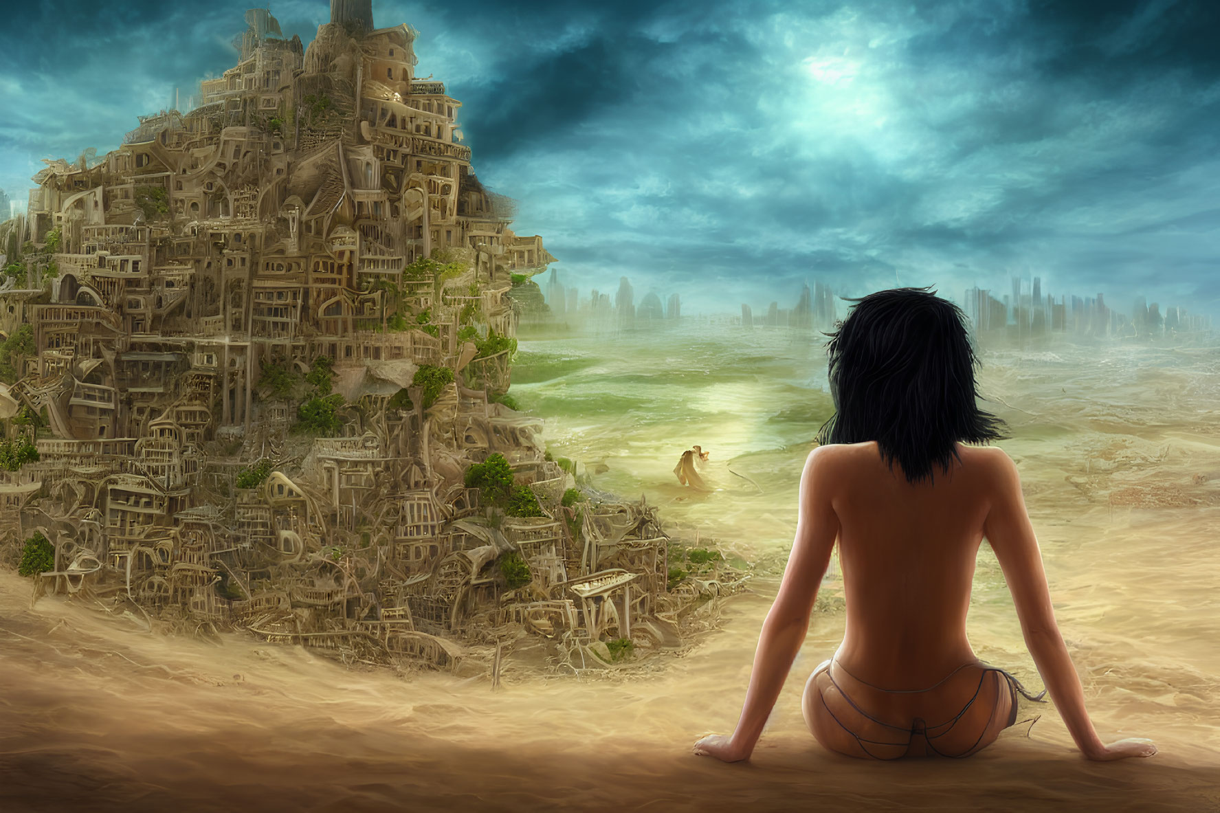 Person sitting in desert with castle-like city and ruins under dramatic sky