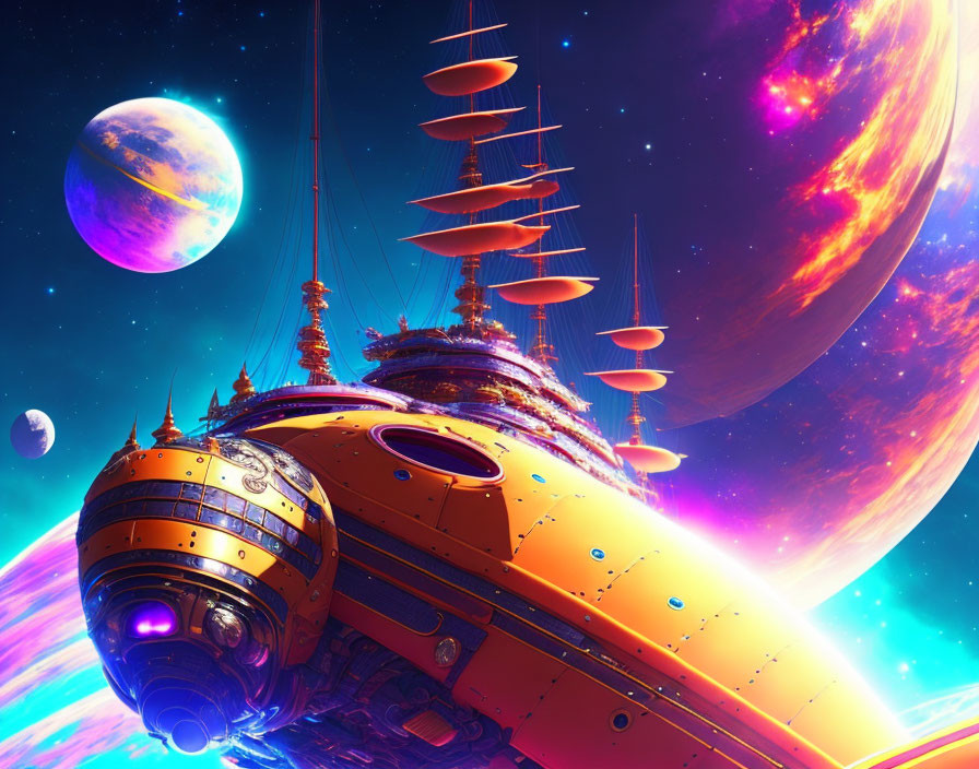 Colorful Vintage Steampunk Spaceship in Cosmic Scene