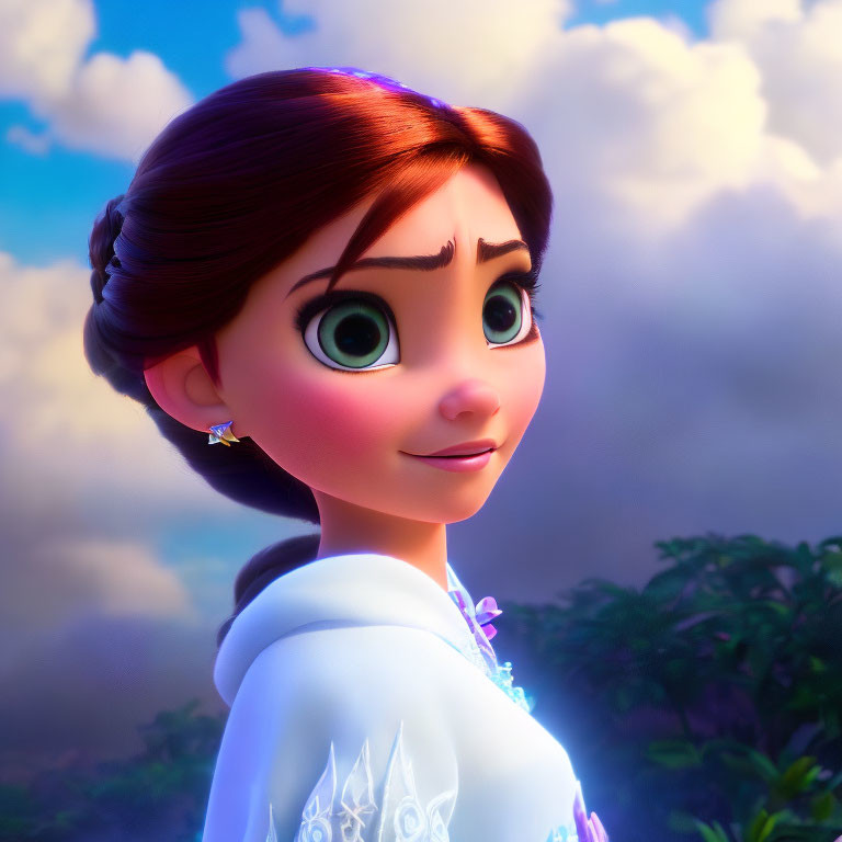 Brown-haired female character in white dress with purple cape against cloudy sky