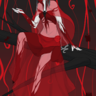 Illustration of woman with dark braid in red dress, holding two axes on crimson backdrop