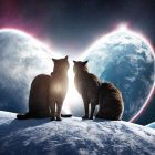 Two Cats on Celestial Body Gazing at Earth and Planet in Starry Space