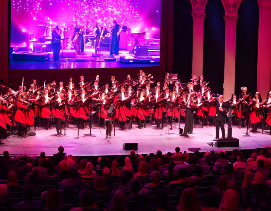 Live orchestra performance on stage with pink lighting and columns in the background