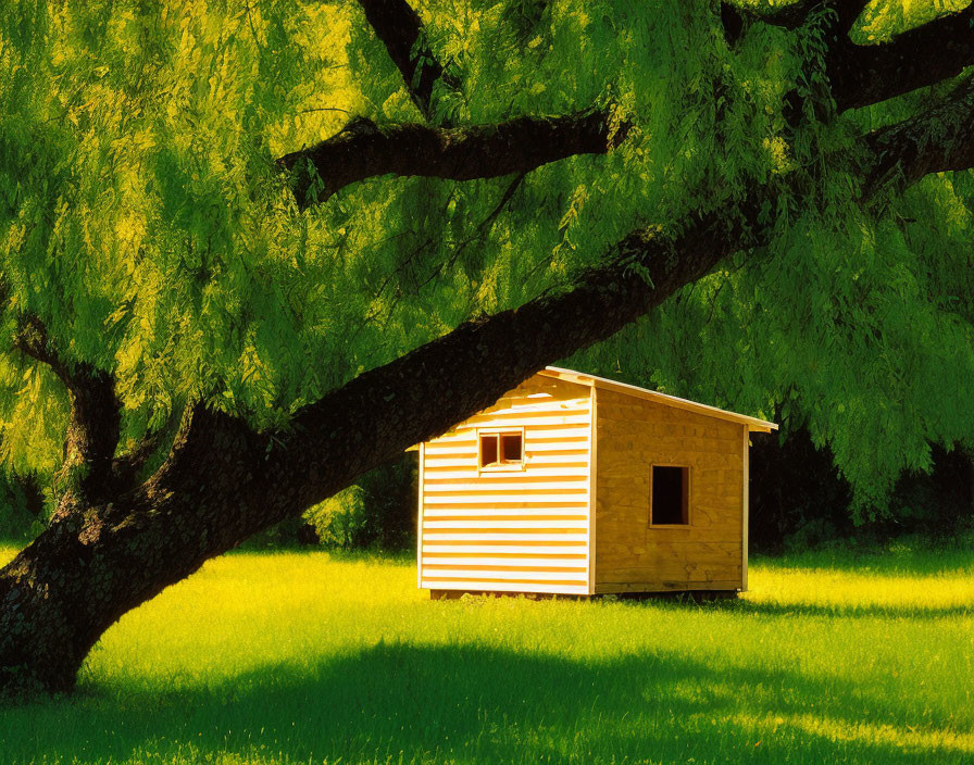 Striped wooden cabin under willow tree on green grass.