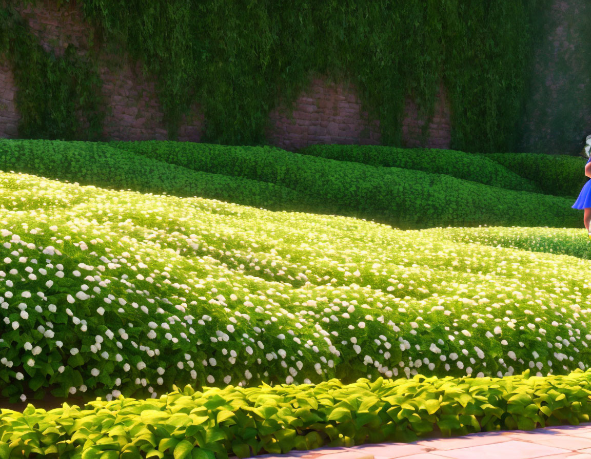 Lush Green Hedges and White Flowers in Sunlit Garden
