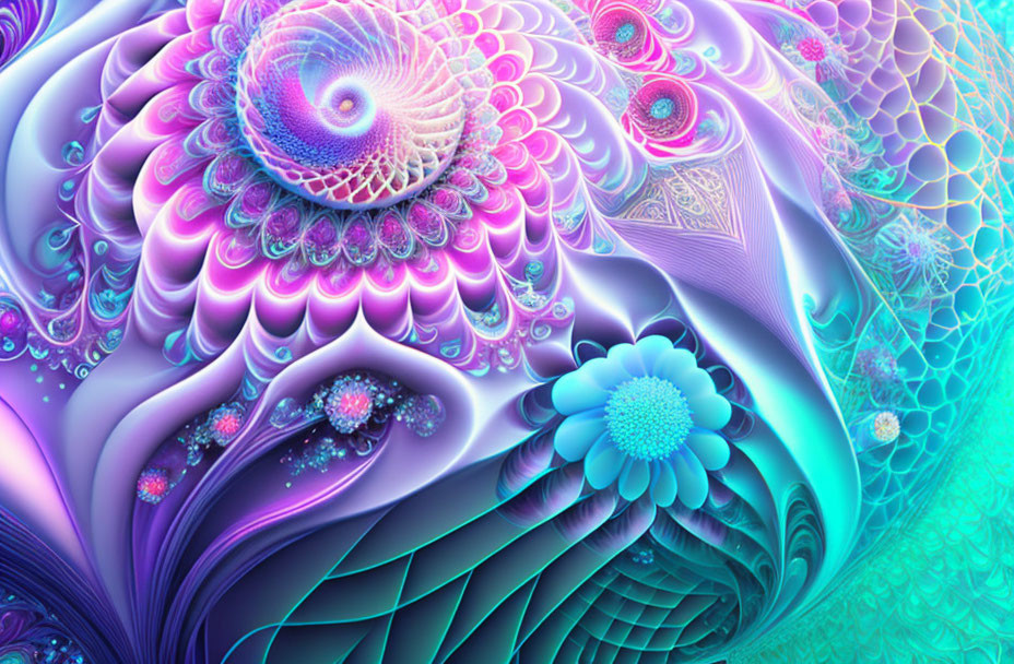 Detailed Fractal Pattern Art in Blue, Pink, and Purple