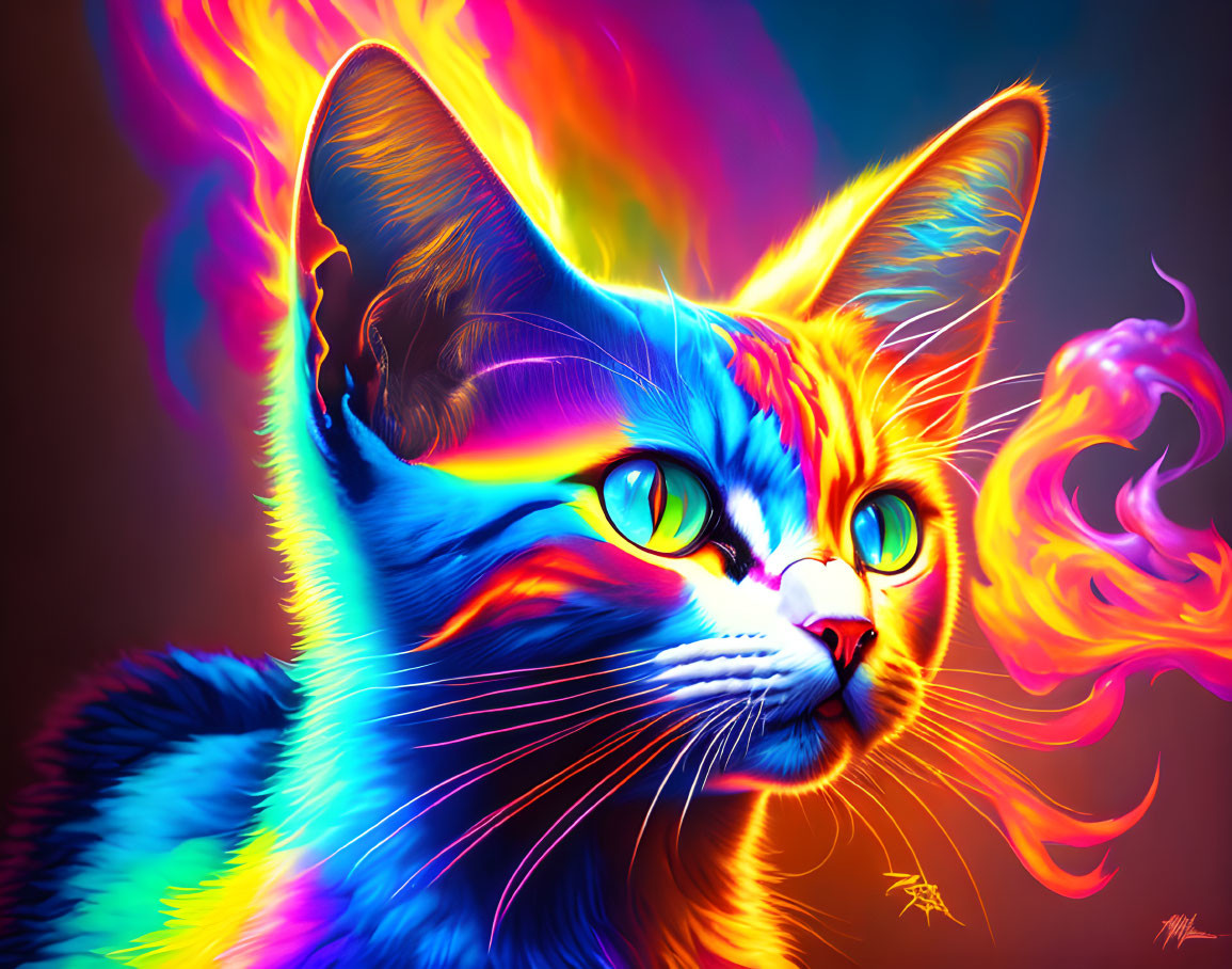 Colorful Neon-Lit Cat Artwork with Blue, Orange, and Yellow Gradient Hues