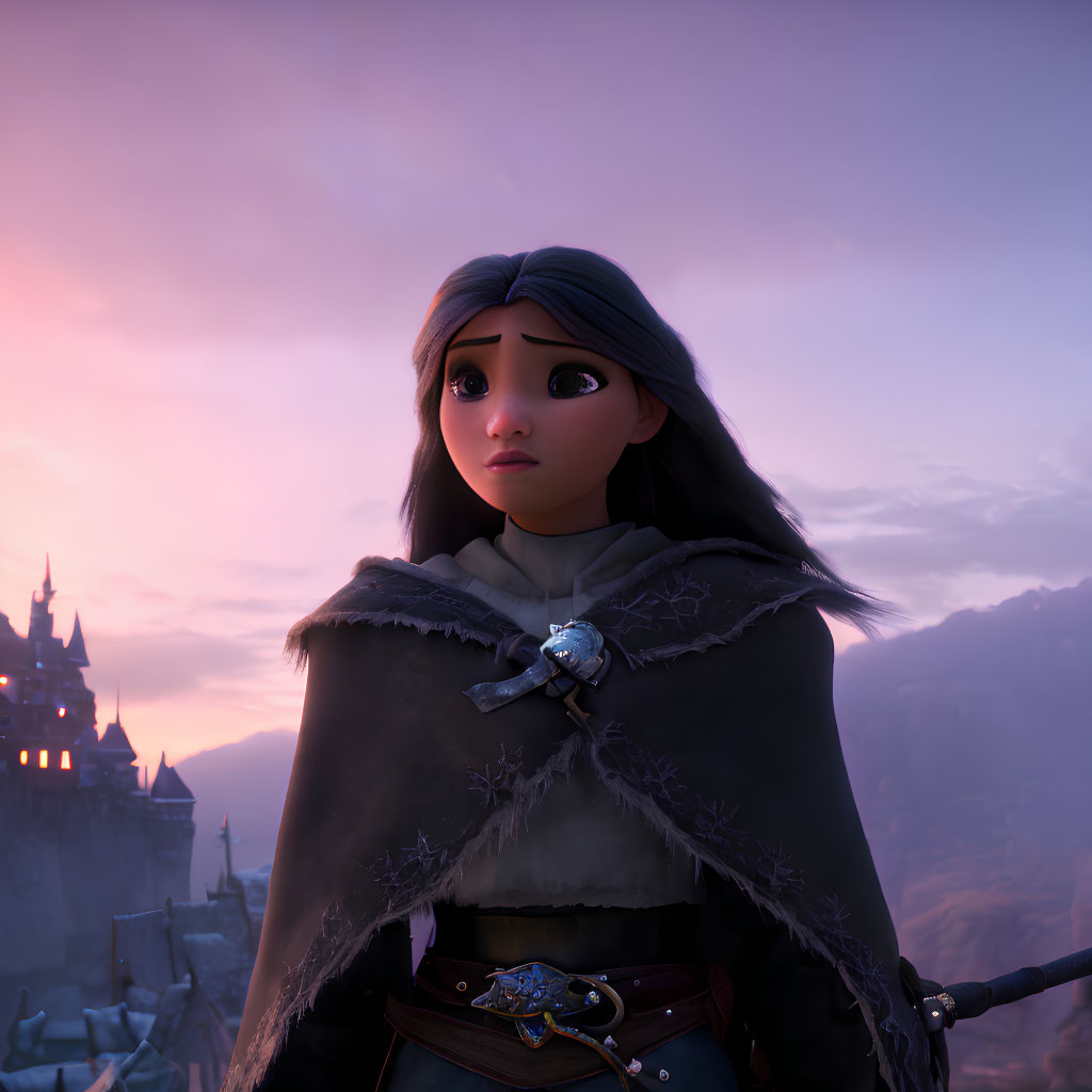 3D-animated female character in cloak with long hair and worried expression in front of purple sky and