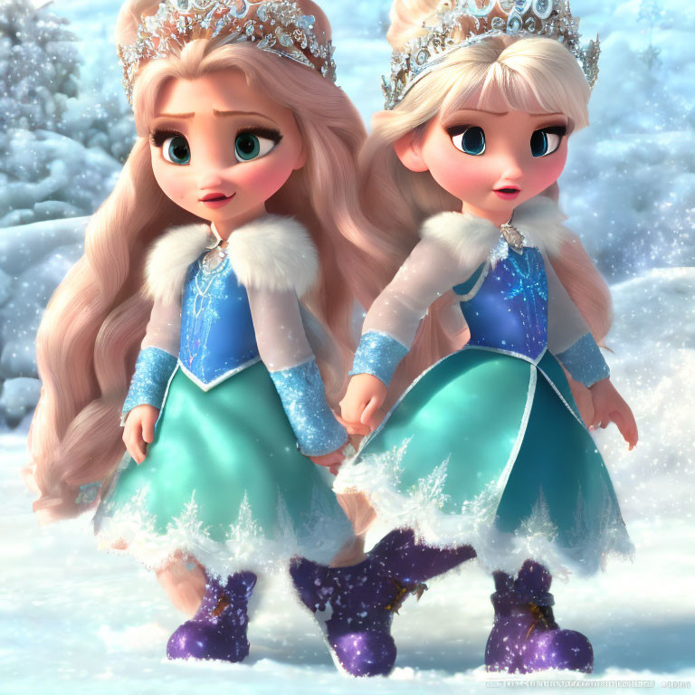 Two princess characters in snowy setting with tiaras and winter outfits