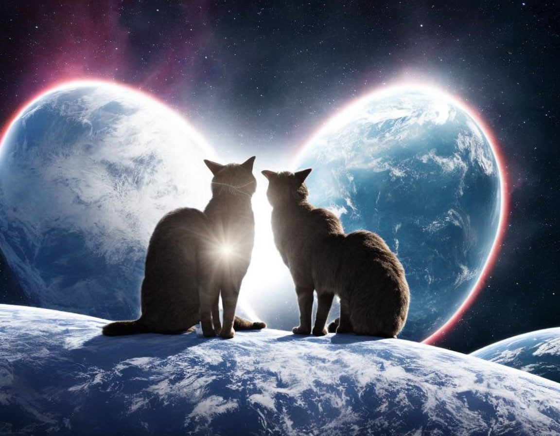 Two Cats on Celestial Body Gazing at Earth and Planet in Starry Space