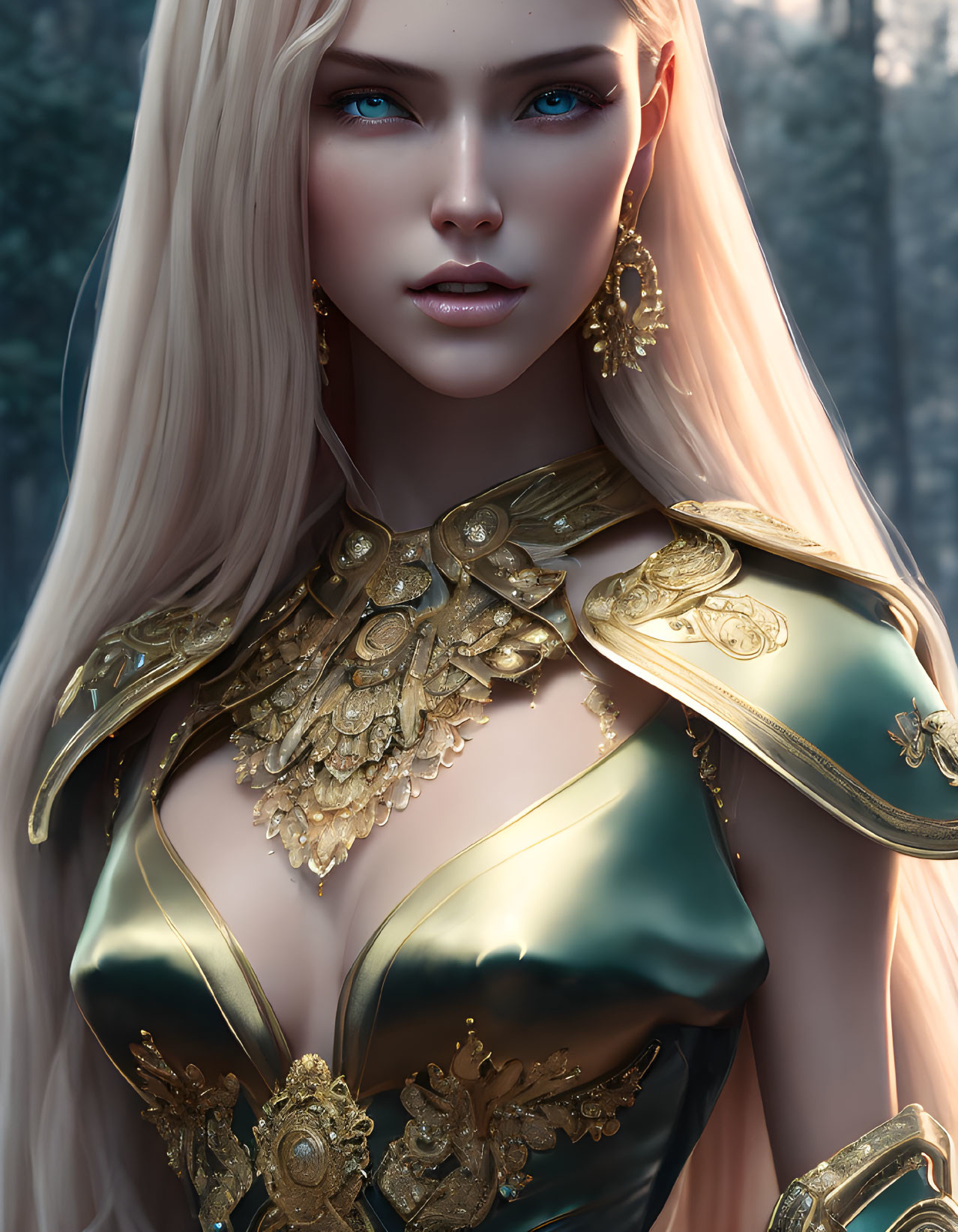 Blonde woman in gold-trimmed armor among trees