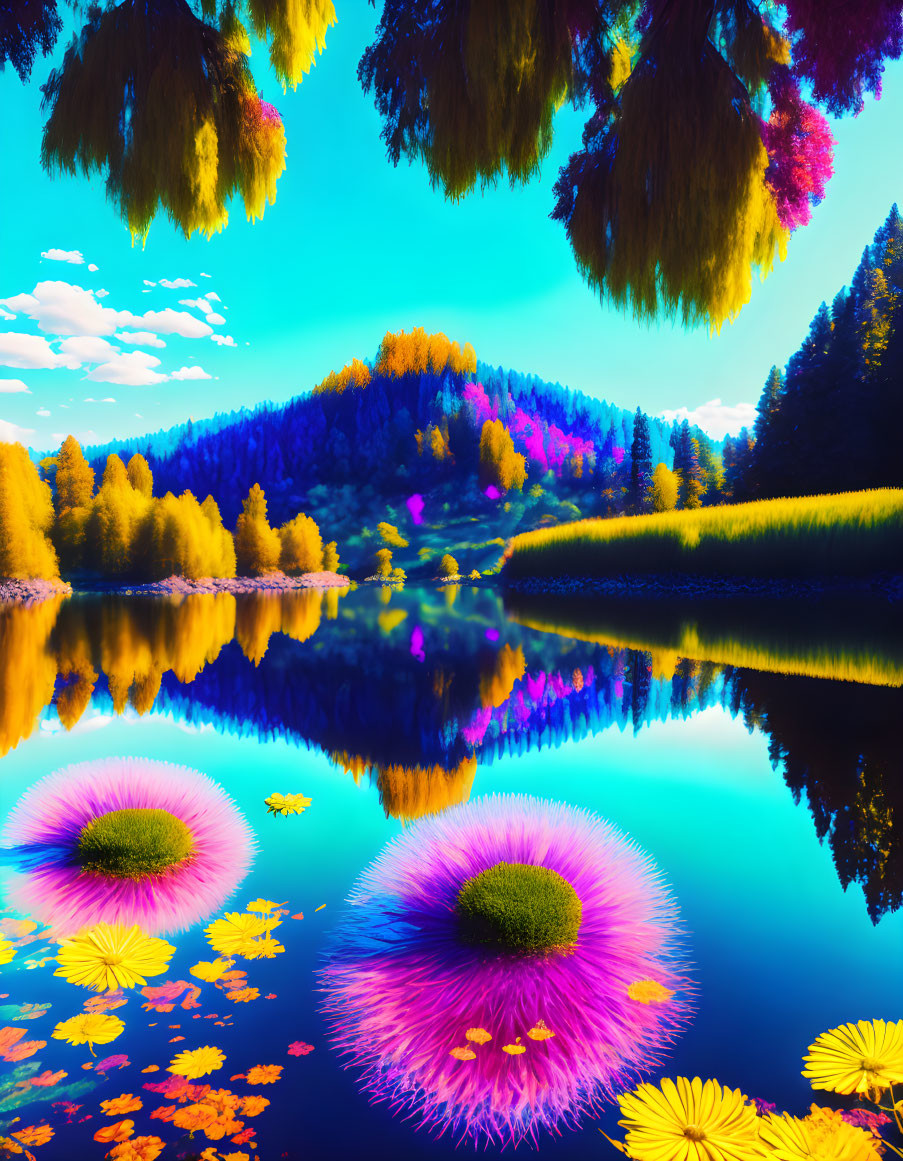 Surreal landscape with blue lake, colorful plants, willow trees, and rolling hills