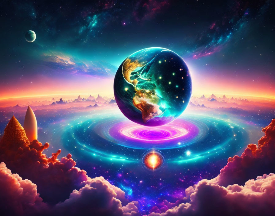 Surreal space scene with Earth, purple disc, clouds, stars, moon, and cosmic backdrop